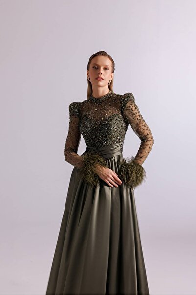 Kenzel Stone Embroidered Long Sleeve Evening Dress – Tulle Top, Feather and S...