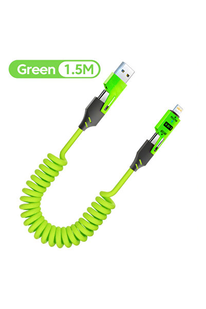 Choice كابل بيانات قصير زنبركي أخضر 65 واط 4 في 1، 6 أمبير، USB من النوع C، س...