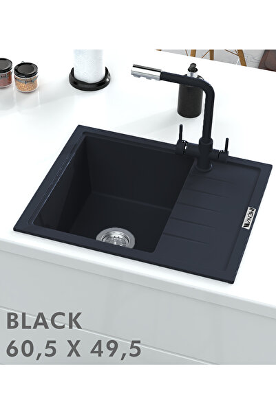 HENASURFACE Granit Eviye 1 Gözlü Damlalıklı Siyah 60x50 Granit Evye Kuvars