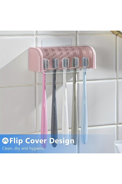Choice حامل فرشاة أسنان وردي مغطى بخمس فتحات، رف تخزين فرشاة أسنان ذاتي اللصق...