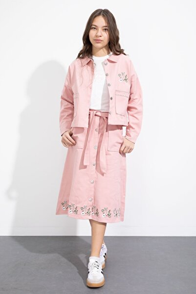 Cansın Mini Ροζ Κέντημα Λεπτομερές Τζιν Μπουφάν με Φούστα με Ζώνη Κοριτσίστικ...
