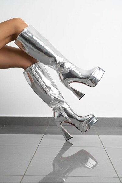 Tarz Topuklar Γυναικείες ψηλοτάκουνες μπότες διπλής πλατφόρμας Jollyyy Silver...