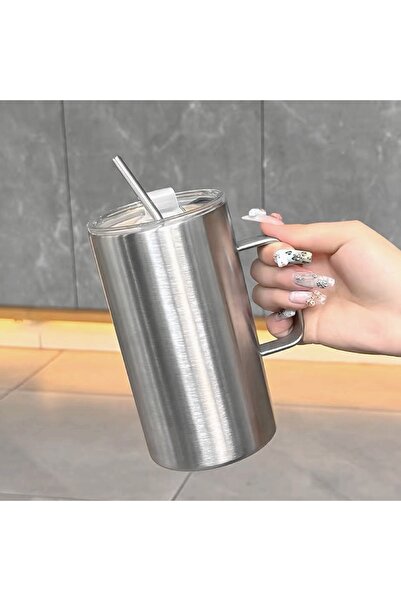 Choice 600ml 20oz Silver 600ml Stainless Steel Coffee Mug with Handle Straw L...