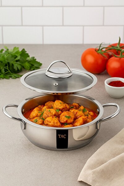 KAMPANYALI Taç Stell 24 cm Basık Tencere – 3,4 Litre, 18/10 304 Paslanmaz Çel...