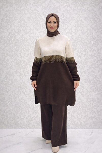 KAYA BUTİK Two-Color Glitter Knitwear Tunic Set with Trousers