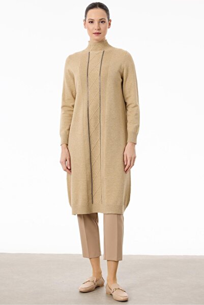 Tığ Triko Saç Örgülü Taşlı Triko Elbise CAMEL