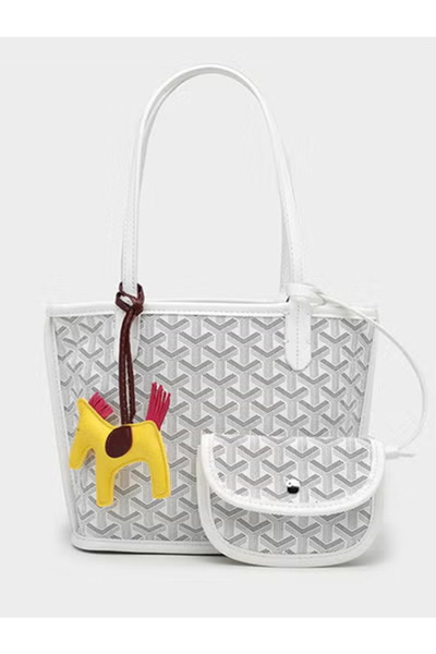 Generic Goyard-Style Pattern Tote Bag with Mini Pouch & Horse Charm