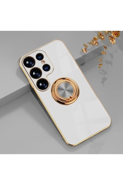 Choice جراب وحامل لهاتف سامسونج S25 ألترا، حامل حلقي أبيض مطلي، جراب هاتف متو...