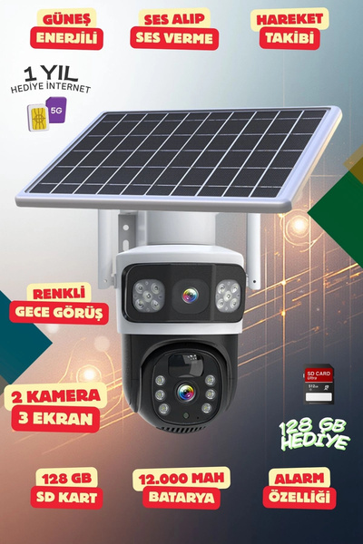 Yapay Zeka 4K SimKartlı Güneş Enerjili 2 Kameralı 3 Ekranlı Güvenlik Kamerası Renkli Gece Görüş Sesl