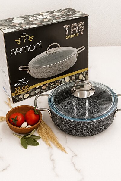 KAMPANYALI Stone Granite 30 cm Flat Pot – Fireproof Non-Stick, Cast Granite -...