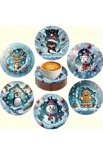 Choice BD085 A 6-piece set of Christmas snowman series themed wooden coasters...