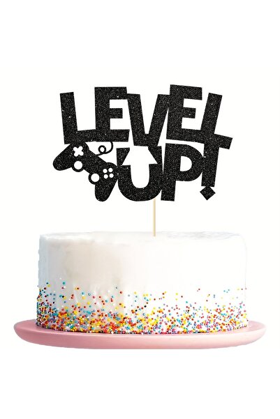Choice black 1pc Level Up Video Game Cake Topper - Glittery Black Paper Decor...