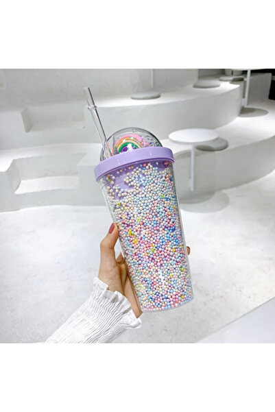 Choice 0.55L purple Double Layers Rainbow Plastic Water Bottle with Straw Kor...