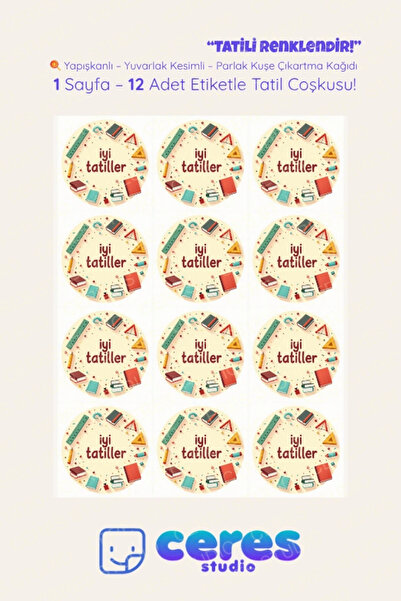 Ceres Studio İyi Tatiller Sticker Seti K17- 12 Adet Yuvarlak Etiket | Yapışka...