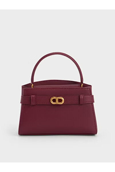 Generic Burgundy Textured Mini Top-Handle Bag with Gold Double-Link Buckle