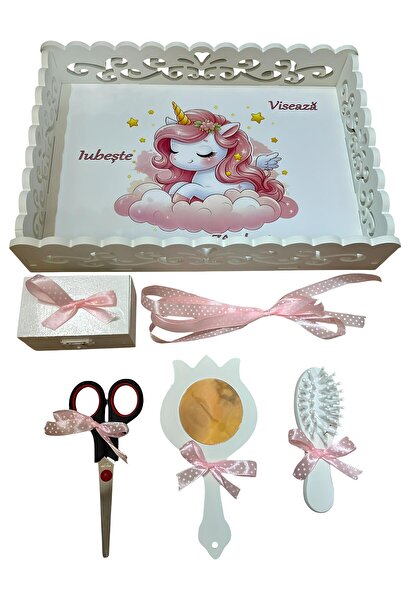 Inovius Tavita Turta cu 6 Piese - Unicorn pe Nori - TPT68 Alb cu Roz Deschis