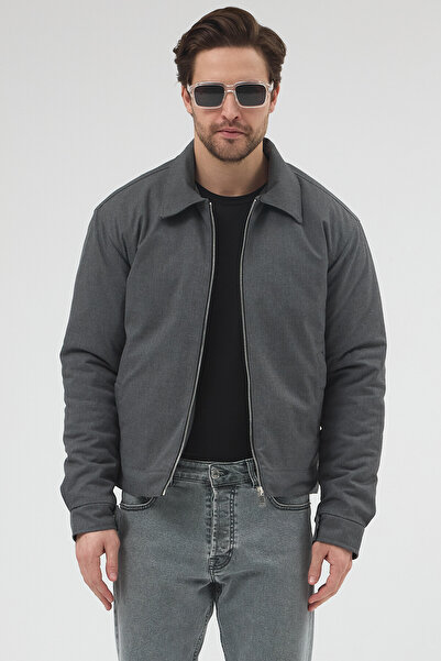 Renvo butik Men's Gray Slim Fit Zipper Jacket Coat
