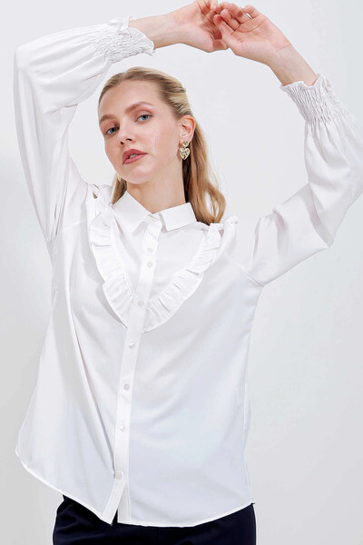 hazelin Women's White Ruffle Detailed Long Sleeve Stylish Shirt Hzl25W-Bd1202231