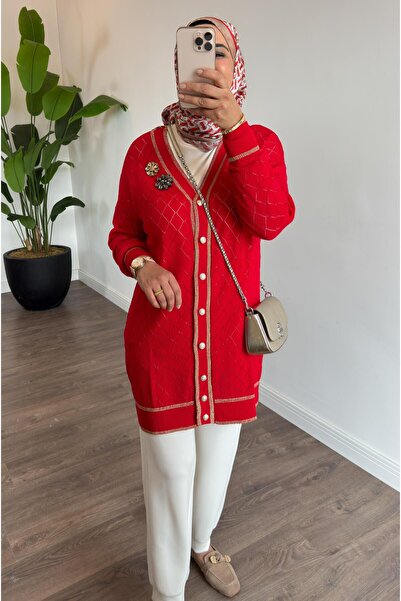 Mahhar Merserize Baklava Desenli Düğmeli Tunik - Kırmızı