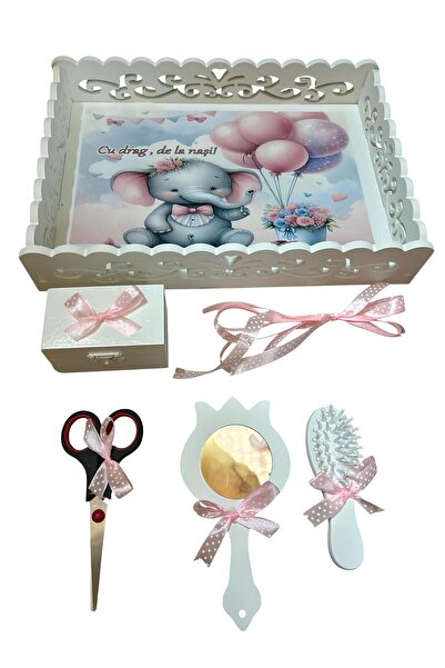 Inovius Tavita Turta cu 6 Piese - Elefant si Baloane - TPT67 Alb cu Roz Deschis