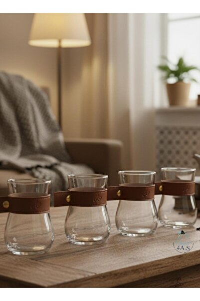 ALFAHA طقم أكواب شاي زجاجية بمقابض جلدية بنية اللون، شفافة، خالية من الرصاص، ...