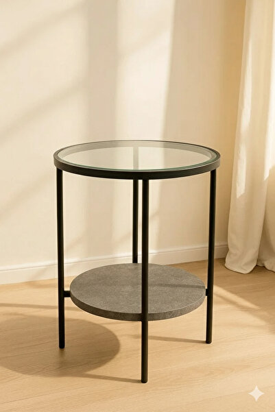NZONE STORE Round glass side table with stone shelf and black metal frame