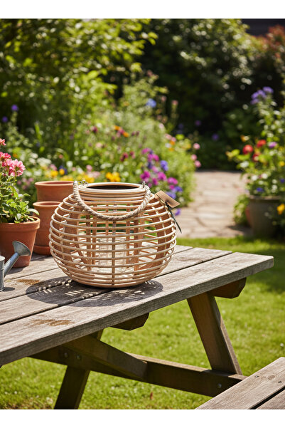 Living Wooden Lantern with Geometric Design for an Artistic Appeal