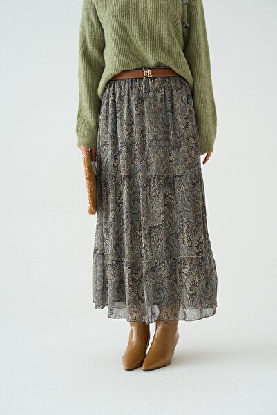 Qu Style Şal Desenli Yeşil Etek