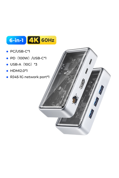Orico موزع USB-C 6 في 1 بدقة 4K ومعدل تحديث 60 هرتز، يدعم الشحن السريع 100 وا...