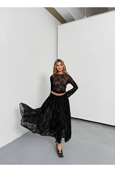 b buhari bykoc Elastic Waist Textured Asymmetrical Cut Tulle Skirt