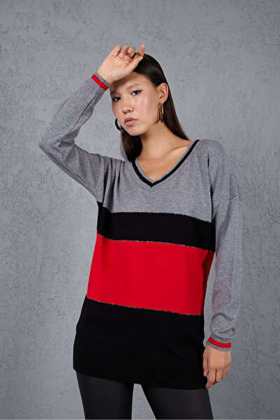 Moda Days Color Block Sim Piped V-Neck Knitwear Blouse