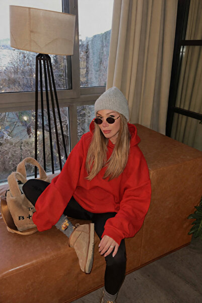 YAKAMEL قبعة نسائية حمراء مبطن بالصوف بخيوط ناعمة كبيرة الحجم بغطاء رأس EATSHIRT