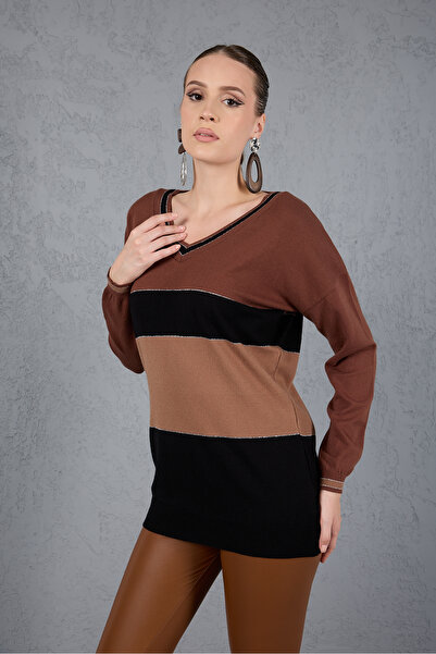 Moda Days Women's Brown-Black Color Block Glitter Piped V-Neck Knitwear Blouse