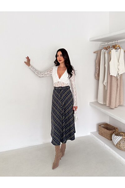 Ozy Fashion Green/Navy Blue Striped Belted, Buttoned Front, Plaid Patterned T...