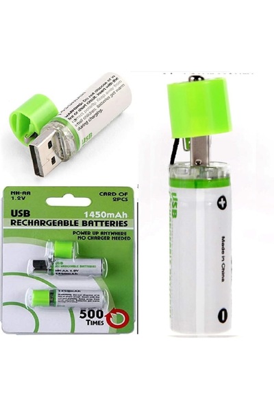 TCB 2pcs USB battery AA 1.2V 1450mAh NI- Cells USB Rechargeable Battery (Green)