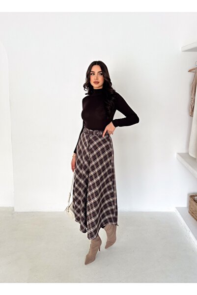 Ozy Fashion Brown/Navy Blue Striped Belted, Buttoned, Plaid Patterned Transit...