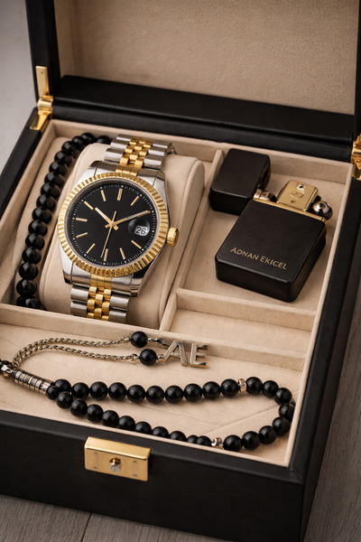 pierrose Erkek Metal Kordon Kol Saati Bileklik Tesbih Ve İsim Yazılı Çakmak H...