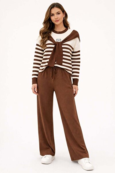 bezeXL Plus Size Collar Tie Knitwear Double Suit Brown