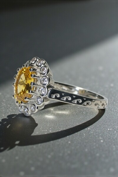 OSMANLI GÜMÜŞ Kadın Gümüş Yüzük - Sarı Sitrin Doğal Taşlı Oval Gümüş Yüzük