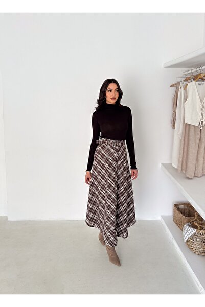 Ozy Fashion Brown, Belted, Front Buttoned, Plaid Patterned Transitional Skirt