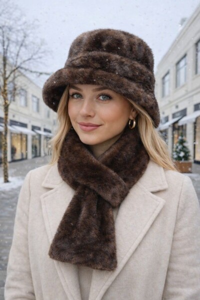 stravis Brown Bucket Hat and Inner Plush Scarf 2-Piece Set