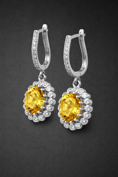 OSMANLI GÜMÜŞ Kadın Gümüş Küpe - Sarı Sitrin Doğal Taşlı Oval Gümüş Küpe