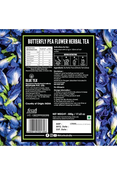 BLUE TEA Butterfly Pea Flower Tea, Exotic Thai Origin, Herbal, 500g Horeca Pack