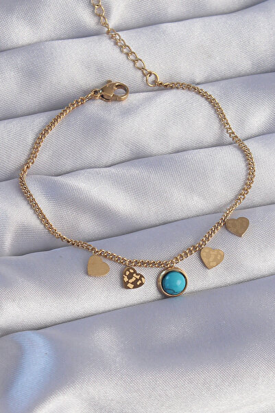 blackpure 316L Steel Gold Color Minimal Heart Blue Stone Detailed Bracelet