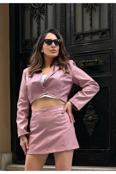 Butik Deri ceket şort etek ikili takım