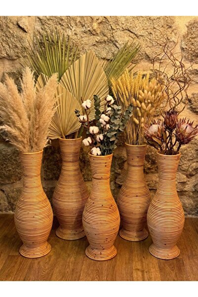 Bambu Bahcem Doğal Rattan Vazo 60 Cm Bohem Dekoratif Salon Ofis İşyeri Dekora...