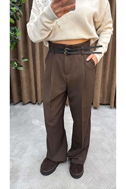 Maysa ÇİFT KÖPRÜLÜ PİLELİ PANTOLON-KAHVE