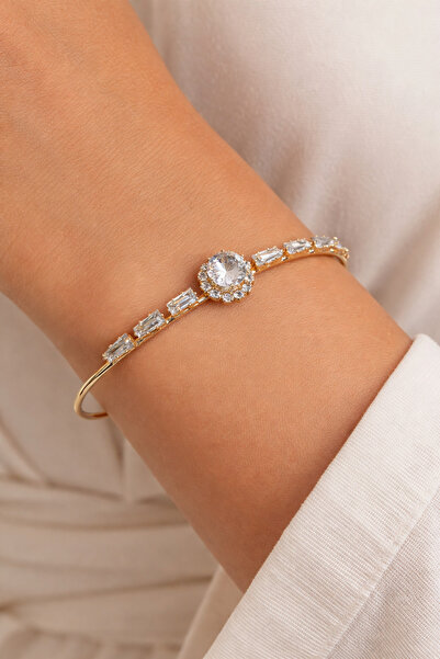 DARENT COLLECTİON Elegant Stone Detailed Gold Color Open Cuff Bracelet