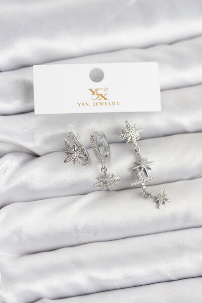 Mustran طقم أقراط نجمة القطب من النحاس الفضي مع حجر الزركون موديل YSX Trio