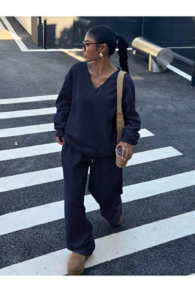 NoVibe Women's V-Neck Sweatshirt Sweatpants 3 Thread Double Set